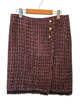 Talbots Faux Tweed Mini Burgundy And Cream Fringe Skirt Size 8 P